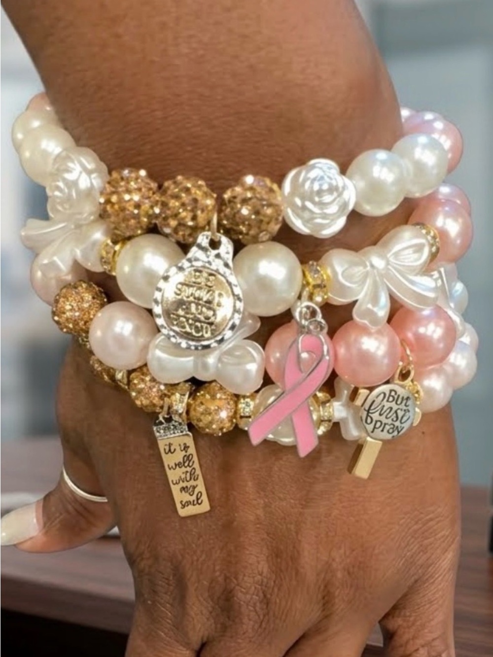 Beaded Breast Cancer stackable Bracelets. Each differently styled. Set of four.